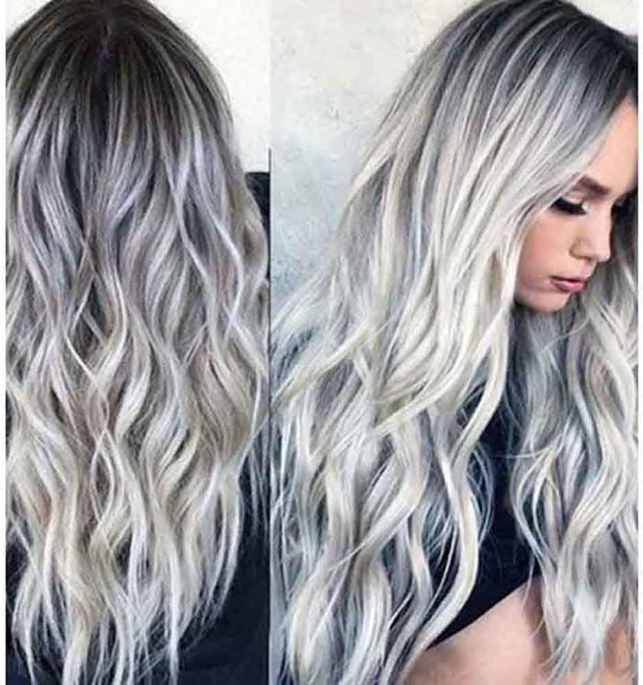 Silver Gray Long Wavy Synthetic Hair Wig for Women - Heat Resistant 23inch Cosplay Wig (Ombre Silver)