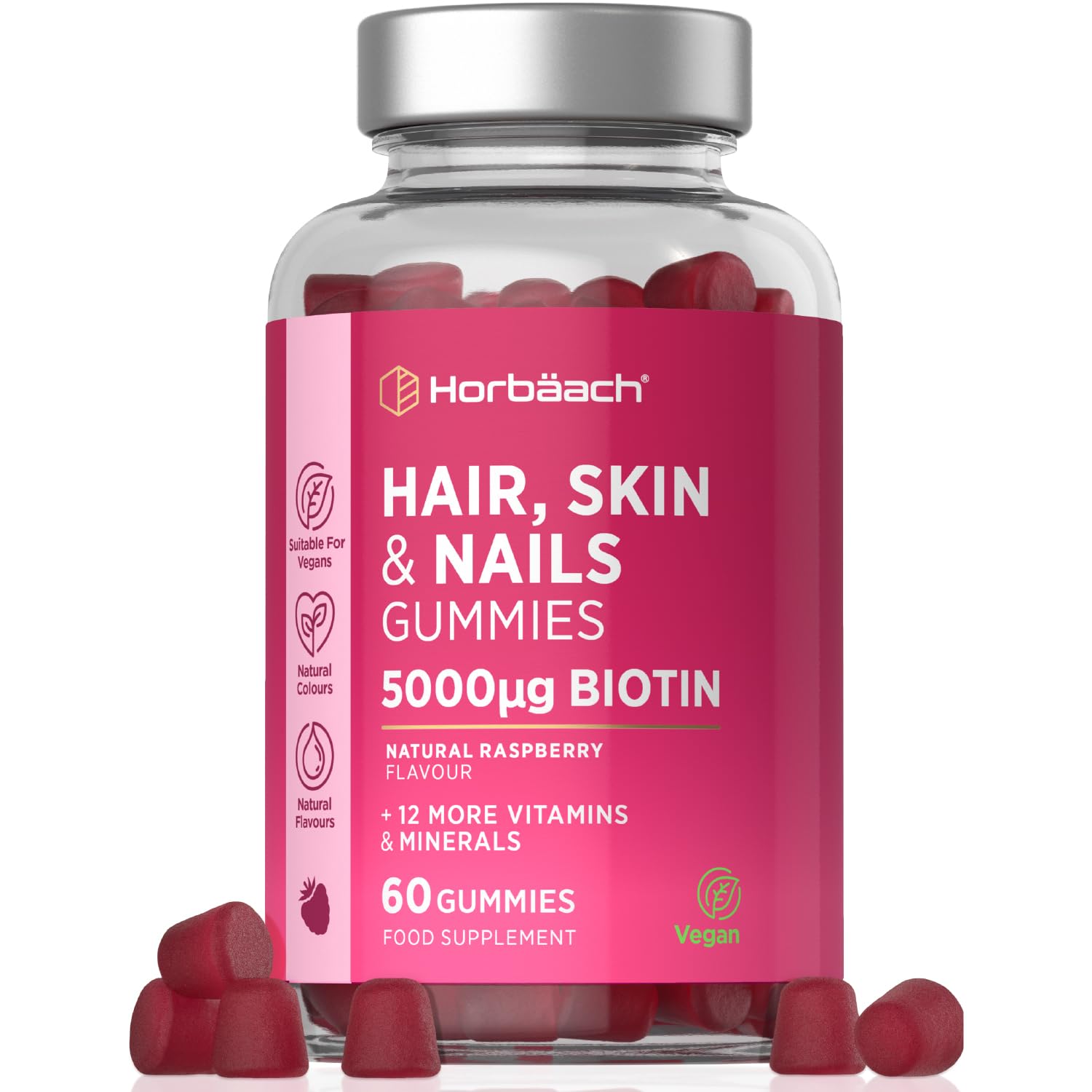 Hair Skin and Nails Vitamins | 5000mcg Biotin | Hair Growth Vitamins | with Added Zinc, Vitamin C, E & More! 60 Vegan Gummies | Supplement for Women and Men | by Horbaach