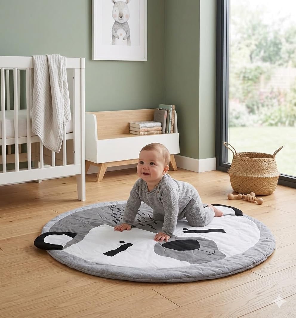 The Tickle Toe Bear Pattern Baby Play Mat | Soft, Non-Toxic, Cushioned Baby Mat | 95cm Diameter, 1-1.5cm Thickness, Grey Color | Ideal for Tummy Time & Playtime