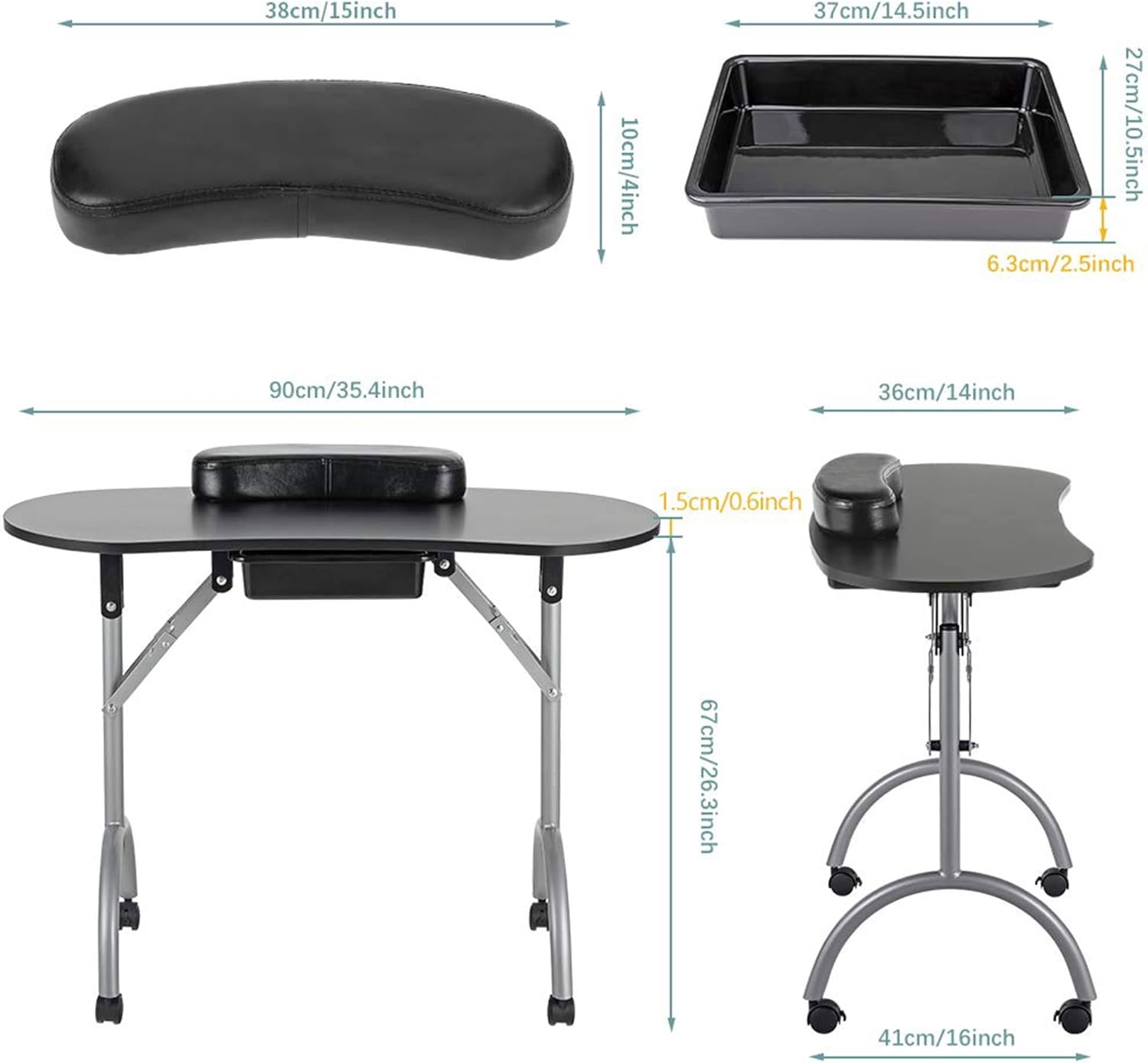 Black Foldable Manicure Table with Drawer and Wheels