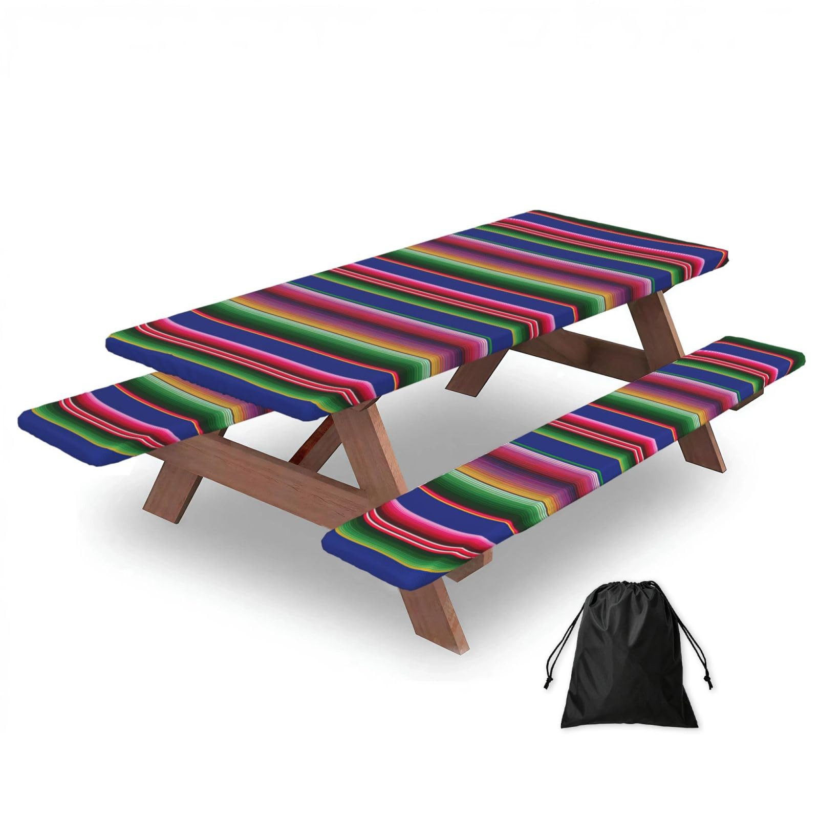 Zyjhyy Black Colorful Mexican Stripes Print Party Table Covers With Bench Covers Set Of 3 Picnic Table Cloth Wipe Clean For Garden Camping