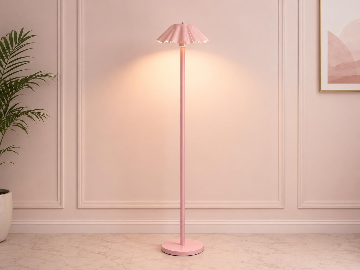 Modern Minimalist Pink Floor Lamp for Living Room & Bedroom | 135 cm Tall Standing Lamp | Decorative Scalloped Metal Shade | Sturdy Metal Base | Contemporary Home Décor-image-11