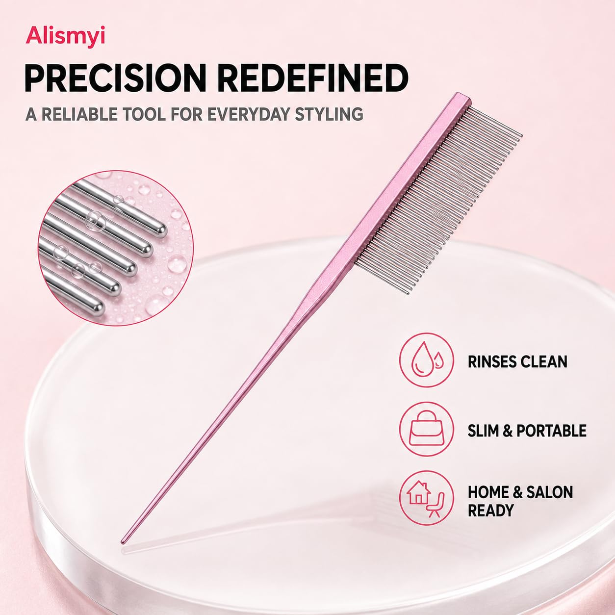 Metal Combs for Hair Women, 7.23 Inch All Stainless Steel Rat Tail Comb