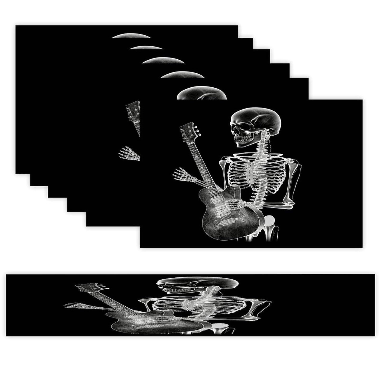 Abstract X-ray Skull Skeleton Playing Guitar Table Runner And Placemats Set of 6 Wipe Clean Heat Resistant Table Mat with Table Runner Decorations Flax Linen Place Mat Set for Home Kitchen Party Suppl