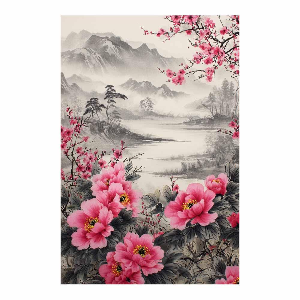 Hoqiu Multicolor Flower Wall Art Canvas Ink Wash Peony Scene Artwork, Wall Decoration Living Room Bedroom Hallway Stairs Decoration.(Multicolor)-80X120cm Unframed