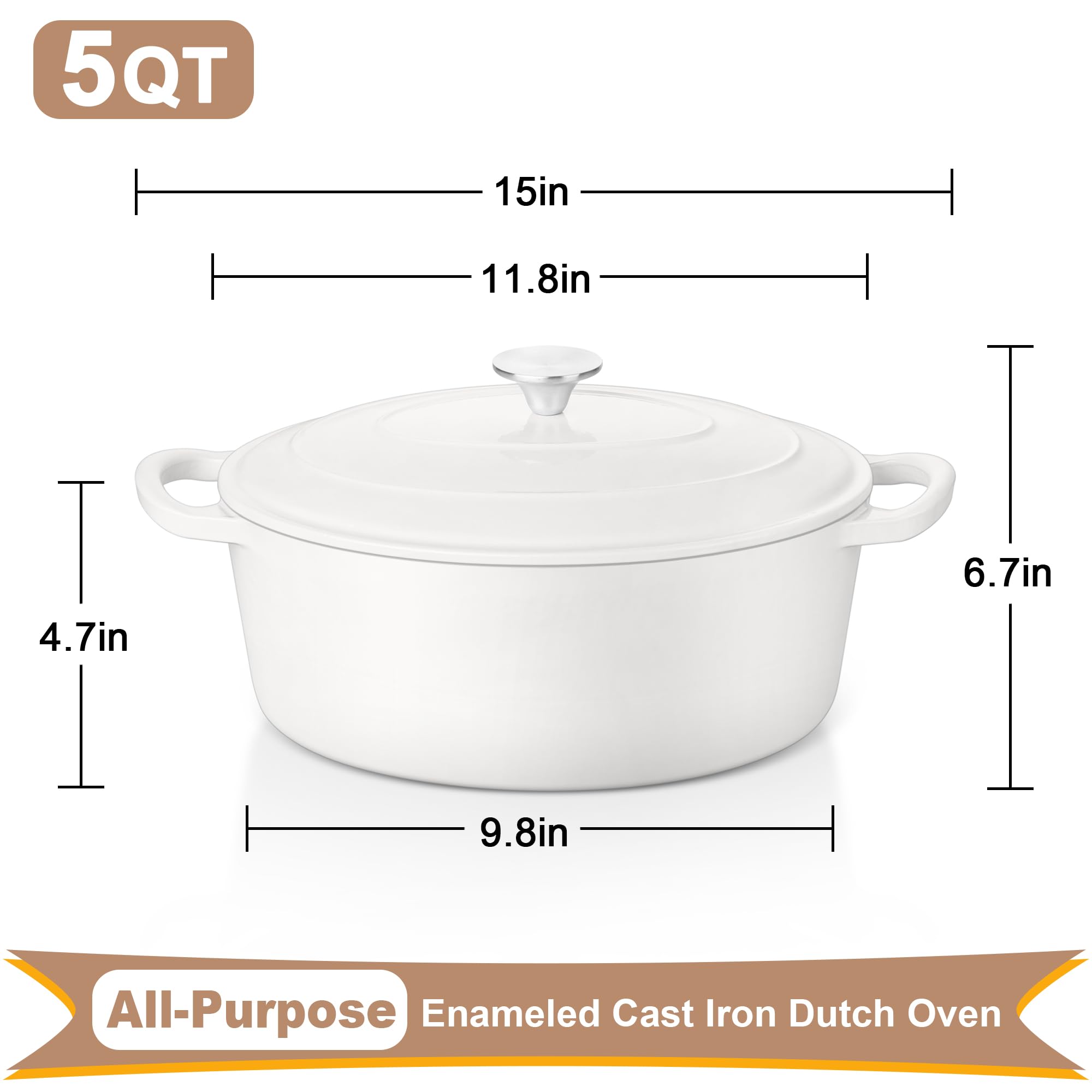 E-far 5QT Oval Dutch Oven – Enameled Cast Iron, Bread Baking, Oven Safe To 500°F, White - View #6