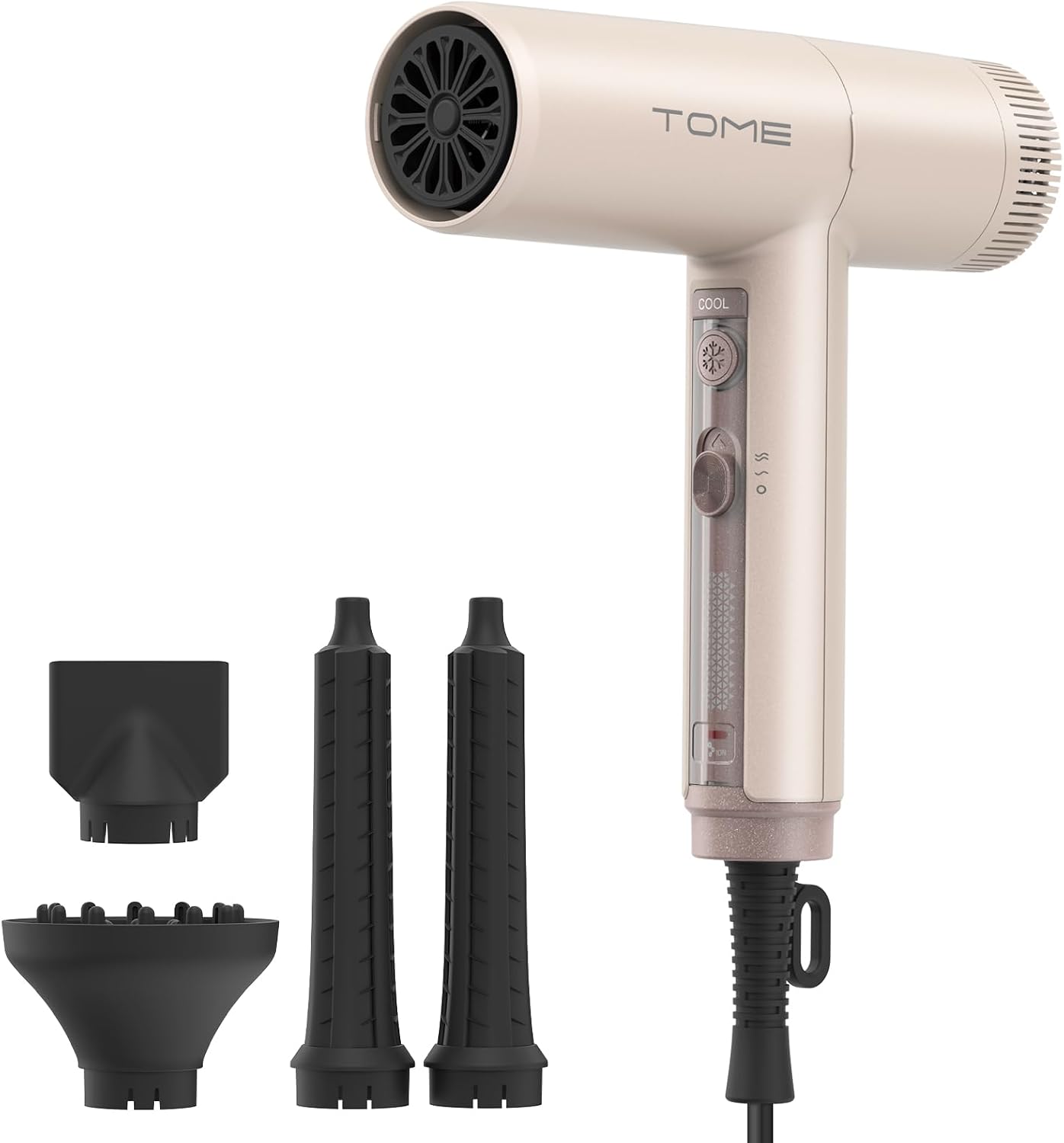 TOME Hair Dryer, 1875W High-Speed EC Motor 110,000 RPM Ionic Blow Dryer, Fast Drying, Cool Shot Lock, 3 Heat 2 Speed, 4 Attachments (Styling Nozzle, Diffuser, 2 Air-Powered Wrap Wands), 125V Pink