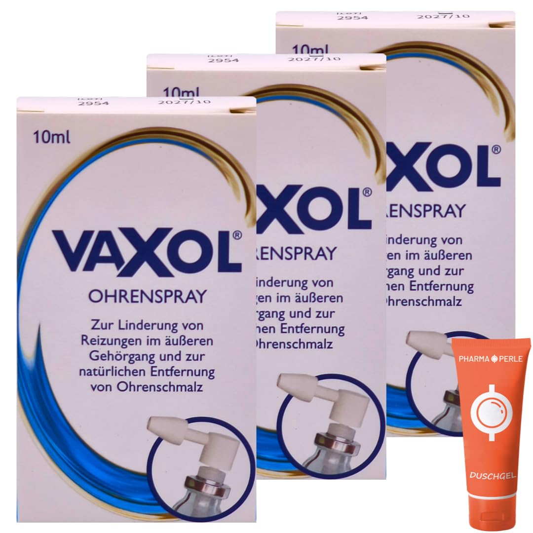 Vaxol Ohrenspray 3x 10 ml I Zur Aufweichung & Entfernung von Ohrenschmalz I Natürliche Ohrenpflege mit Olivenöl für Erwachsene & Kinder I Pflege bei Ohrstöpseln I Spar-Set plus Pharma Perle give-away