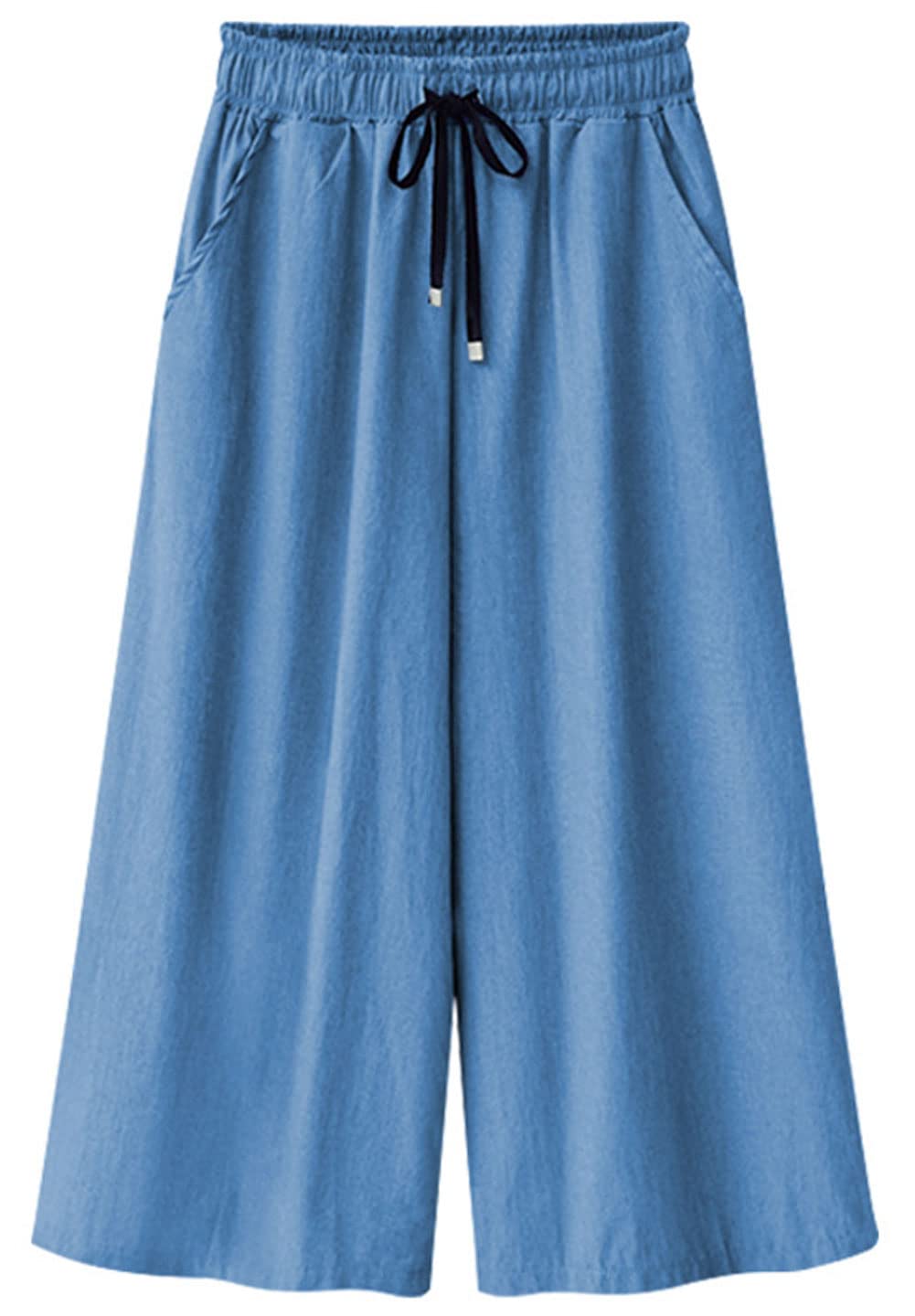 CHARTOUWomen Elastic Waist Wide Leg Capris Cropped Denim Pants Jeans Palazzo Culottes with Pocket