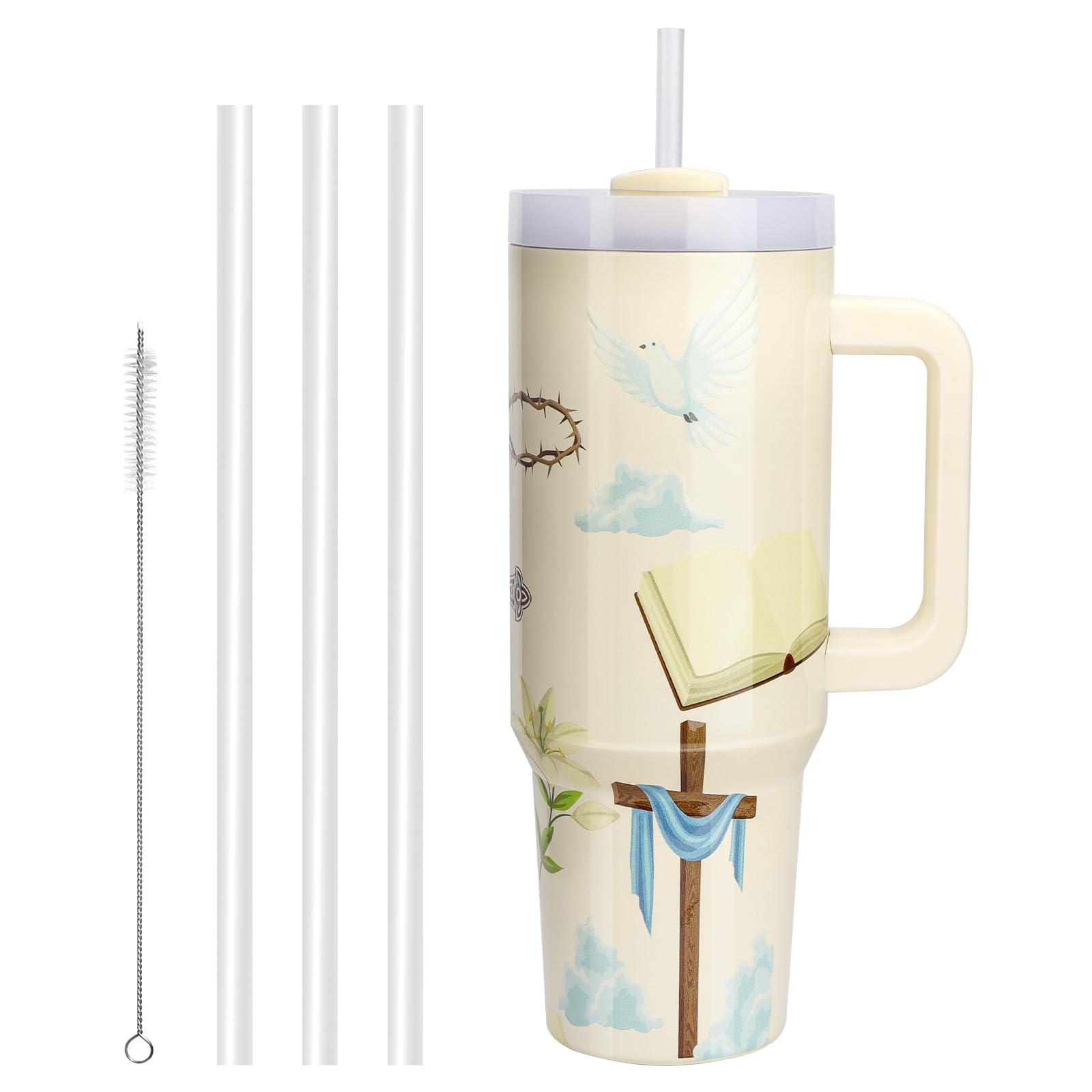 WALLFID Tumbler da 40oz in Acciaio Inossidabile a Isolamento Sottovuoto, con Coperchio, 3 Cannucce e 1 Spazzolino per Cannucce, Perfetto per Bevande Calde/Fredde, Ideale per Caffè (Calice celeste)