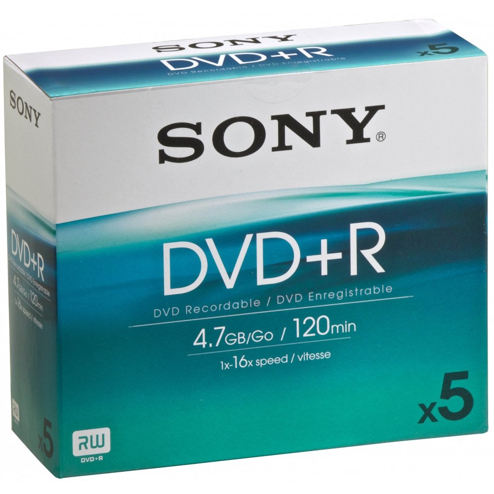 Sony DVD+R Enregistrable et Réinscriptible 16X Pack de 5 4,7 Go / BC Vitesse 16X 5DPR120AS16