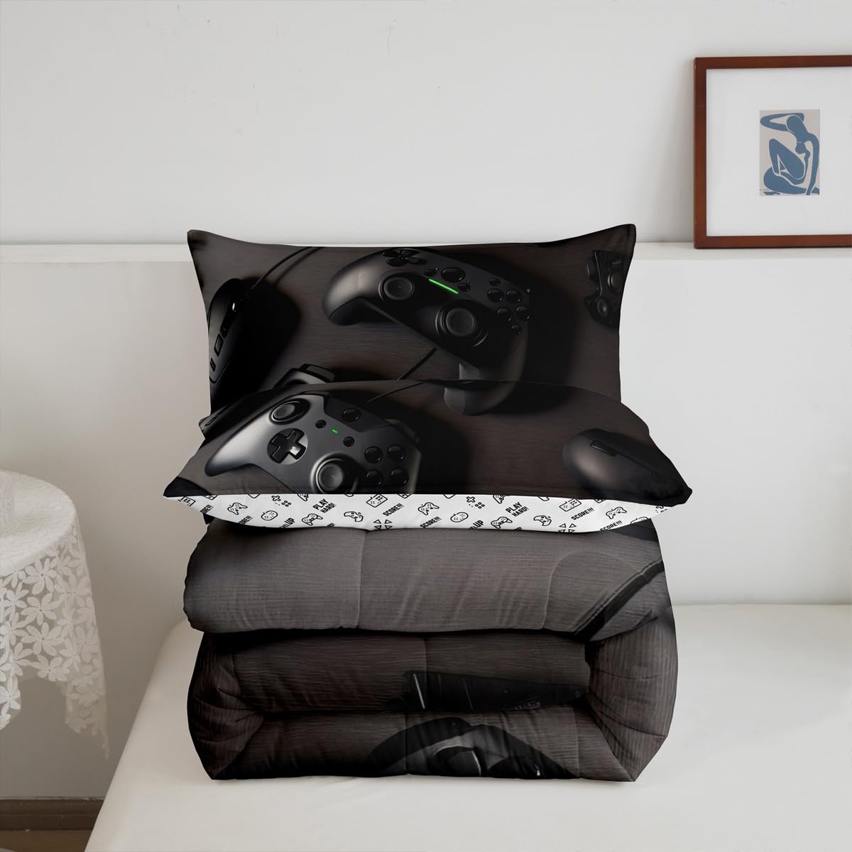 Loussiesd Zestaw kołder dla graczy King Gaming Down Comforter dla dziewcząt nastolatków nowoczesny kontroler konsoli do gier zestaw pościeli joystick dekoracja pokoju czarna kołdra zestaw