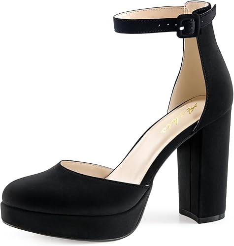 Ankis Tacones cerrados de plataforma negra para mujer, tacones cerrados con punta redonda y bloque grueso, 4 pulgadas