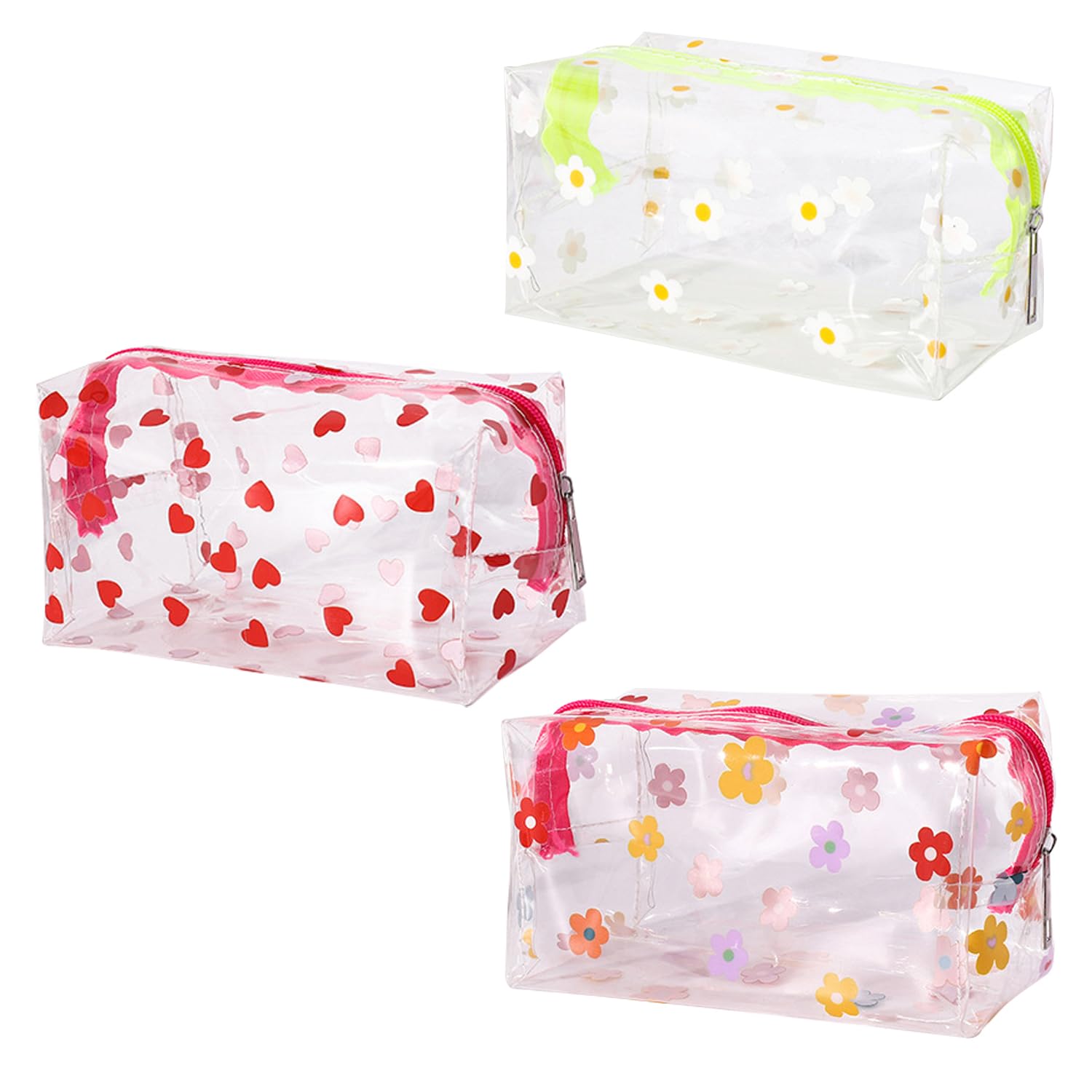 ATBUSS 3 bolsas de almacenamiento transparentes, margaritas, corazón, girasol, bolsa de cosméticos, bolsa de flores, adecuada para viajes, almacenamiento de viajes de negocios., transparente, Bolsa de