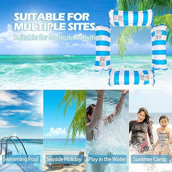 Image of Pool Lounge Bed 4 Sided Net Float Hammock Seats Portable Water Floats Bed for Party Vacation Fun Rest Saddle Beach Drifter Floting Hammock for Pool (Blue)(Pack of 1)