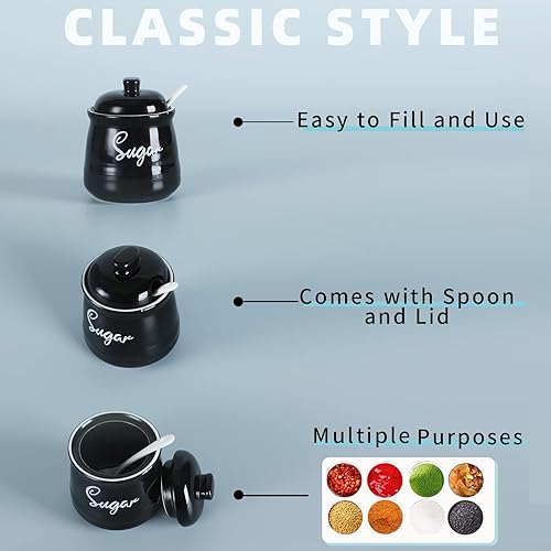 Miniatura 7 de HAOTOP Azucarero de porcelana de granja con tapa y cuchara de 12 onzas, fácil de limpiar (negro)