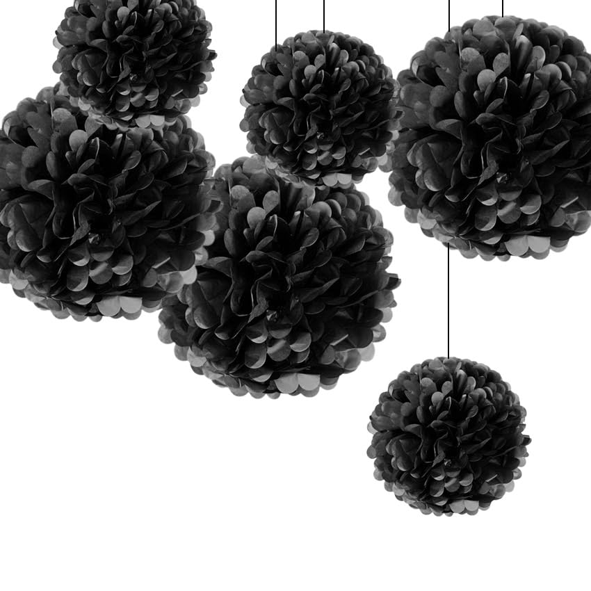 Little Snow Direct 6 Pieces Mixed Tissue Paper Pom Poms Flower Wedding Party Garlands Birthday Gift Wrap Nursery Home Decoration - Black, 8 Inch and 12 Inch