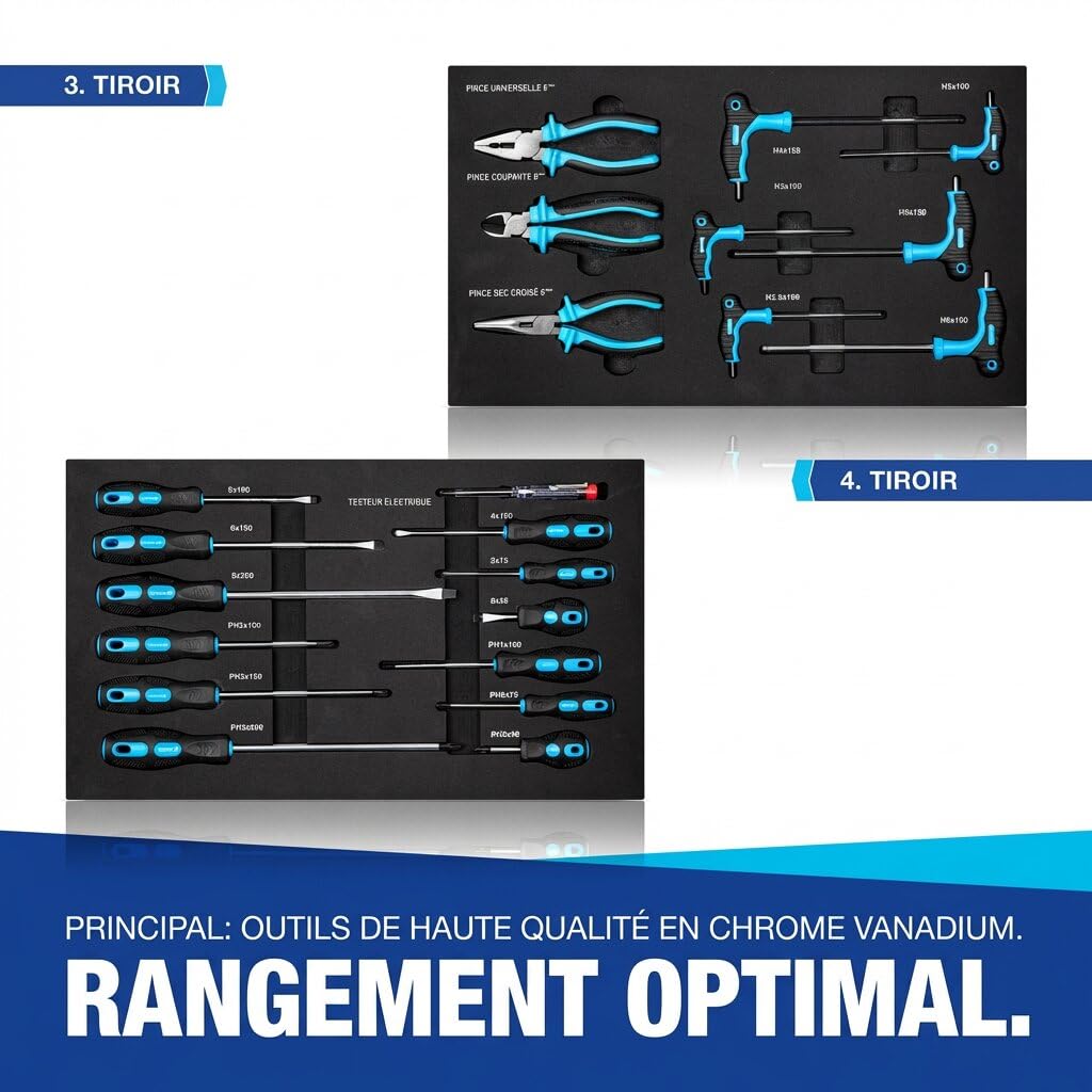 NTG Chariot d'atelier avec Outils 70 pièces - 4 tiroirs + Grand Compartiment - tiroirs sur roulements à Billes - sécurité de Transport - 2 roulettes avec Frein de stationnement - Chariot à Outils