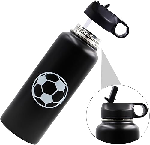 Miniatura 2 de Botella de agua de fútbol de 40 onzas, vaso deportivo de viaje de metal con 2 tapas, acero inoxidable sin BPA de doble pared aislada al vacío