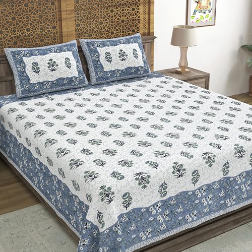 Image of BLOCKS OF INDIA Hand Block Printed 300 TC Cotton Super King Size Bedsheet(106 x 106) (GAD Blue)