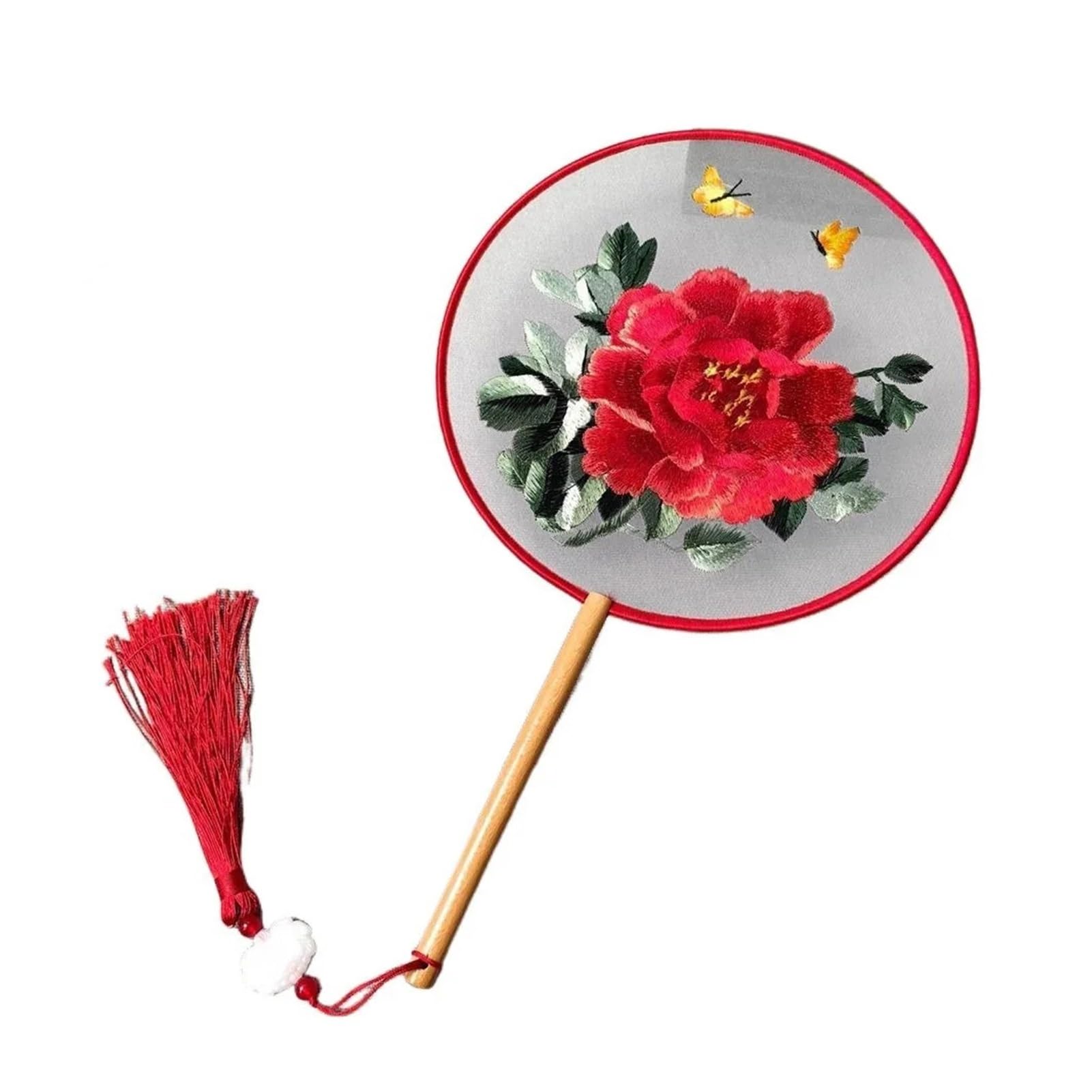 DYMKIE Round Double Sided Embroidery Fan Handle Tassels with Pendant Hanfu Hand(StyleB)