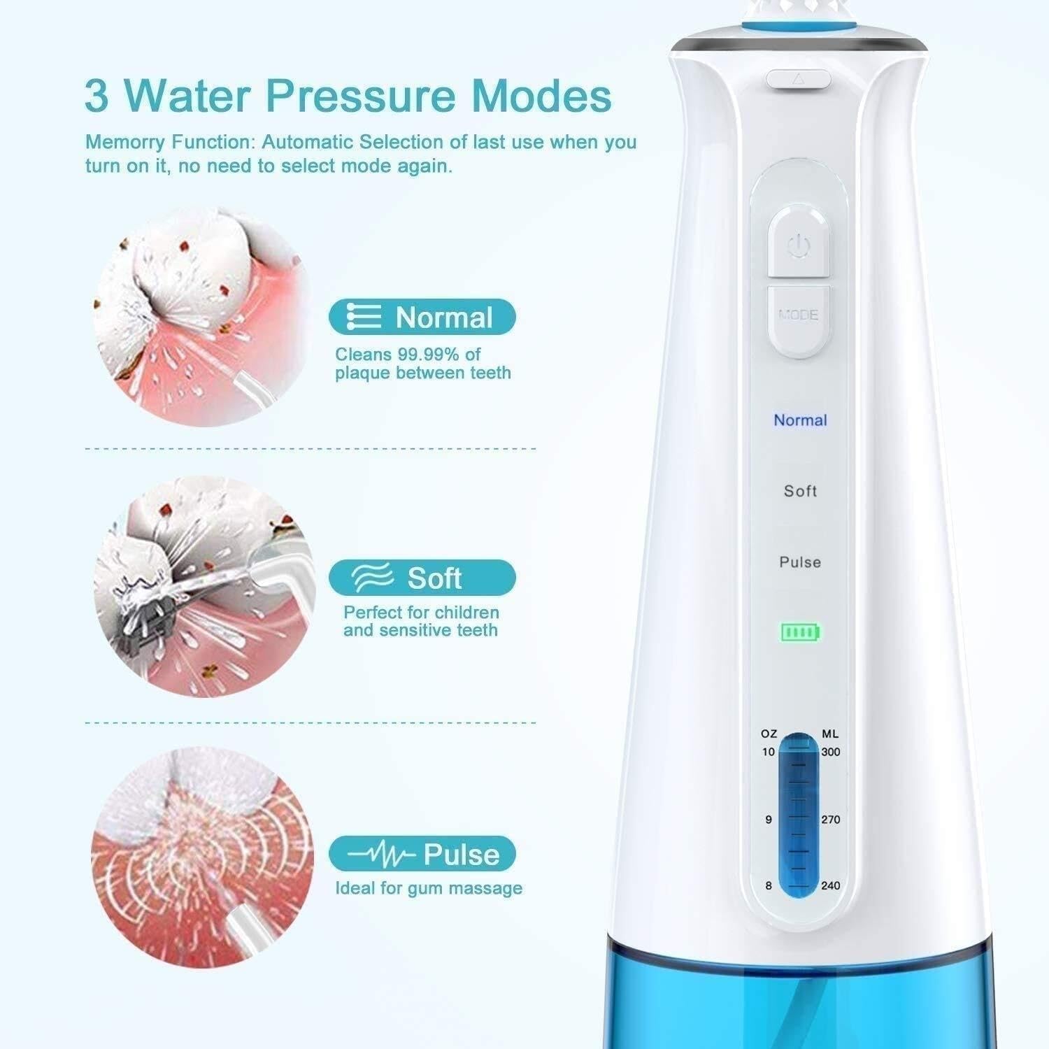 Irrigador bucal portátil con 3 Modos, 6 boquillas reemplazables, Recargable, Impermeable, Ideal for el hogar y Viajes, depósito extraíble de 300 ml.
