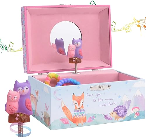 Jewelkeeper Caja de almacenamiento de joyería musical para niña con búhos giratorios, diseño de bosque, Twinkle Twinkle Little Star Tune