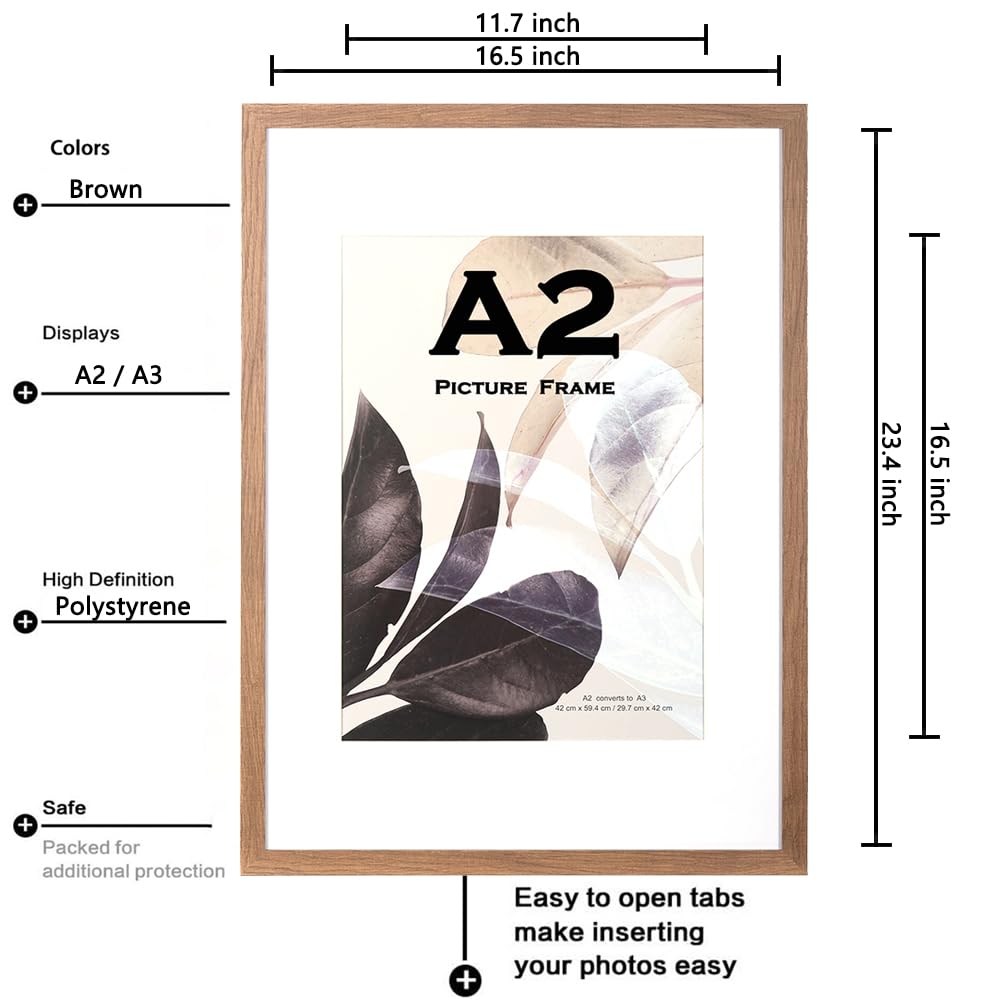 Brauner Holzbilderrahmen A2 (42 x 59,4 cm) mit Passepartout 3er Set Foto Halter oder A3 Urkunde Wandmontage