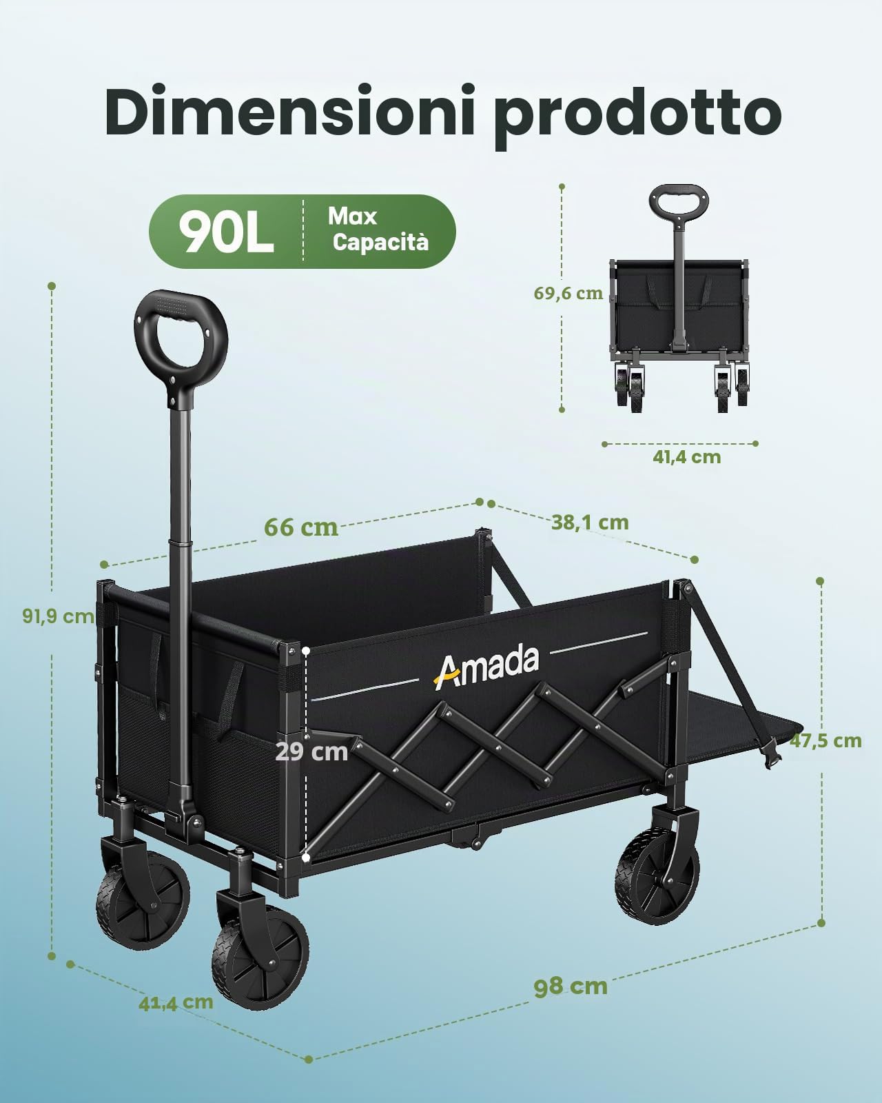 AMADA HOMEFURNISHING Carrello pieghevole, con carico massimo di 163 kg e stoccaggio espandibile, carrello pieghevole da 90L con 2 supporte tazze per all'aperto, alimentari, giardino e campeggio