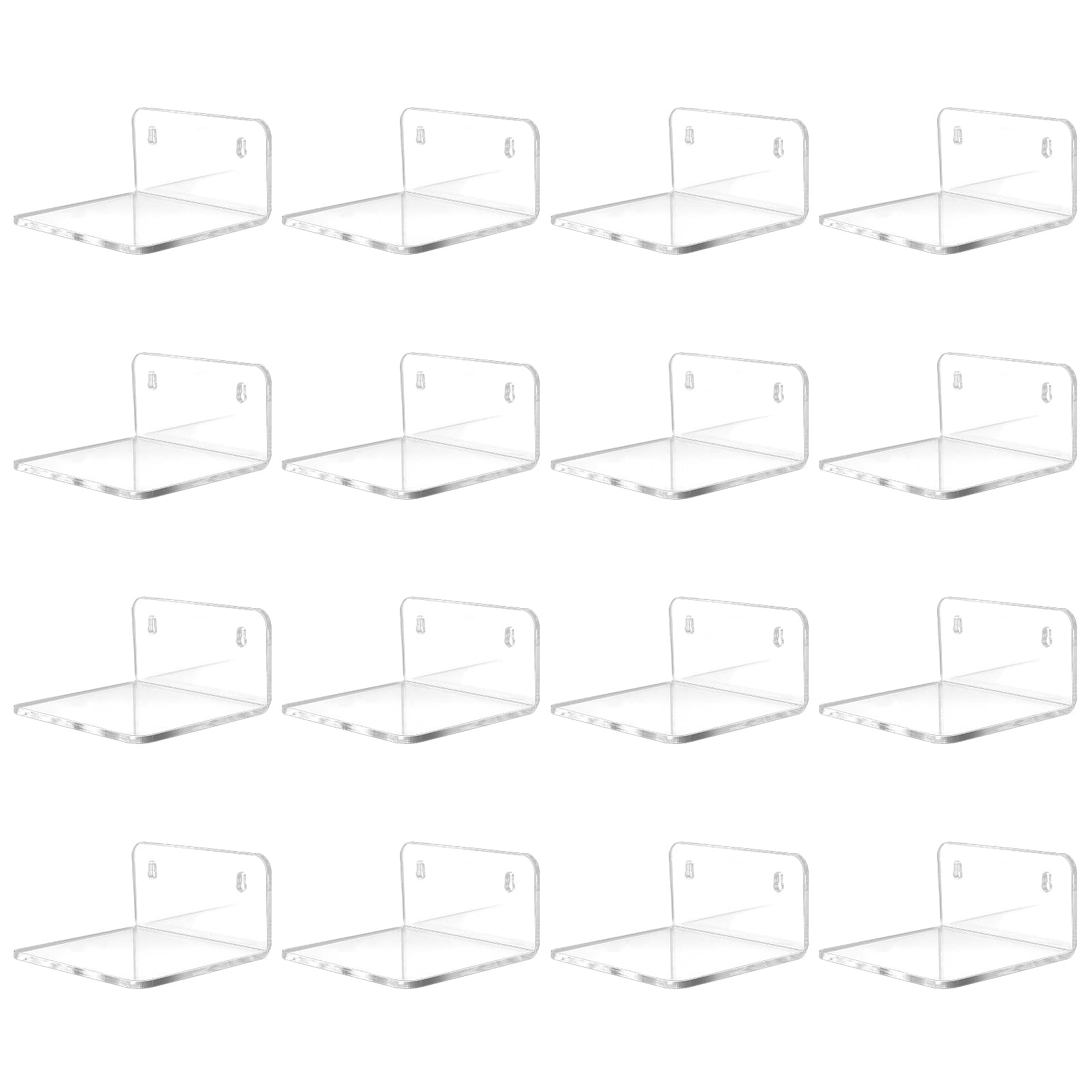 Trailwalk Acrylic Mini Floating Shelf, 16 Pack - Clear, Modern Wall Shelf for Office, Bedroom, Living Room - Mounted Storage for Pop Figures, Plants, Pictures