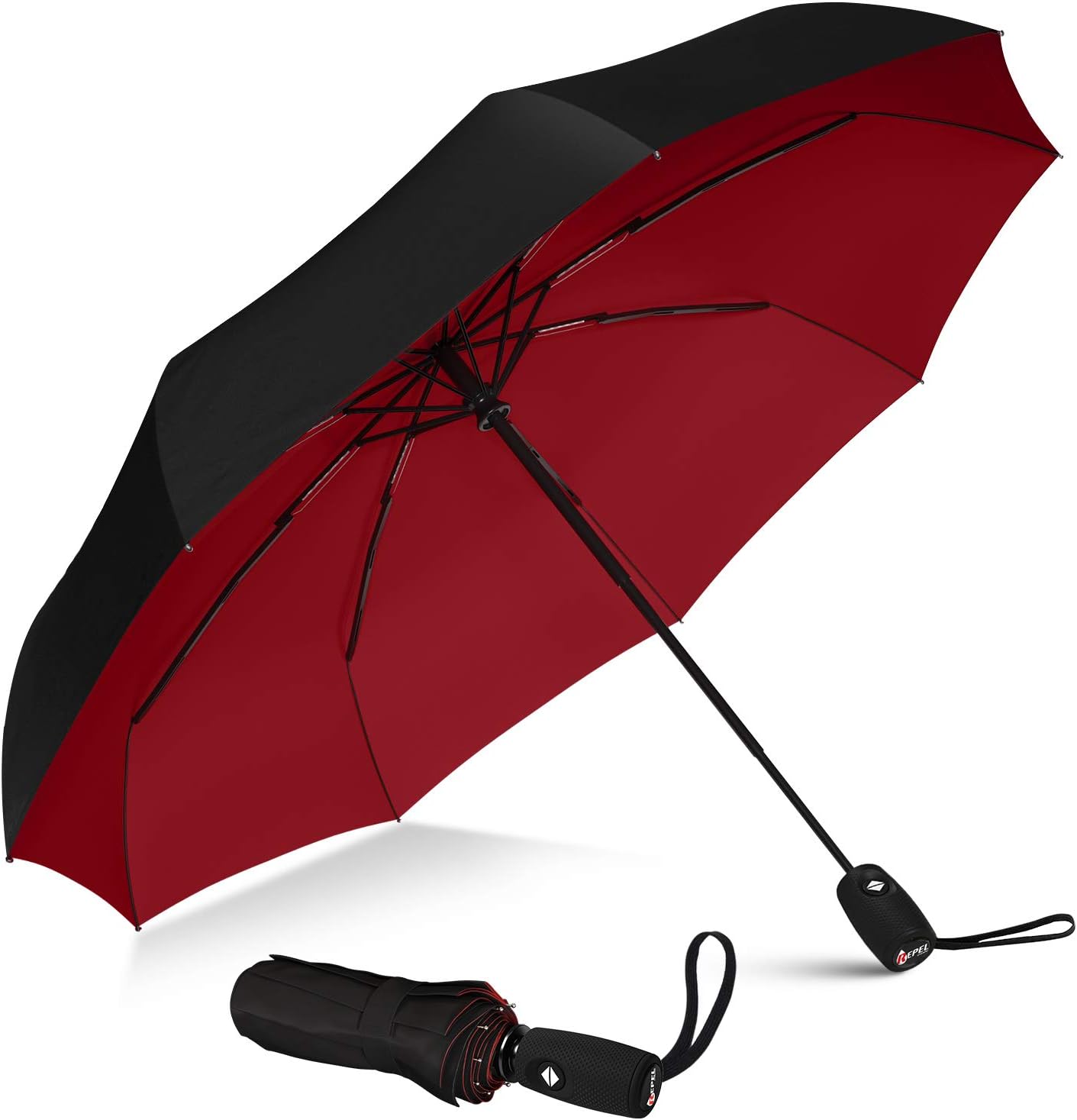Tough Folding Umbrella, For Men and Women, Lightweight One-Touch Umbrella, Safe Even On Strong Winds, black red, Modern