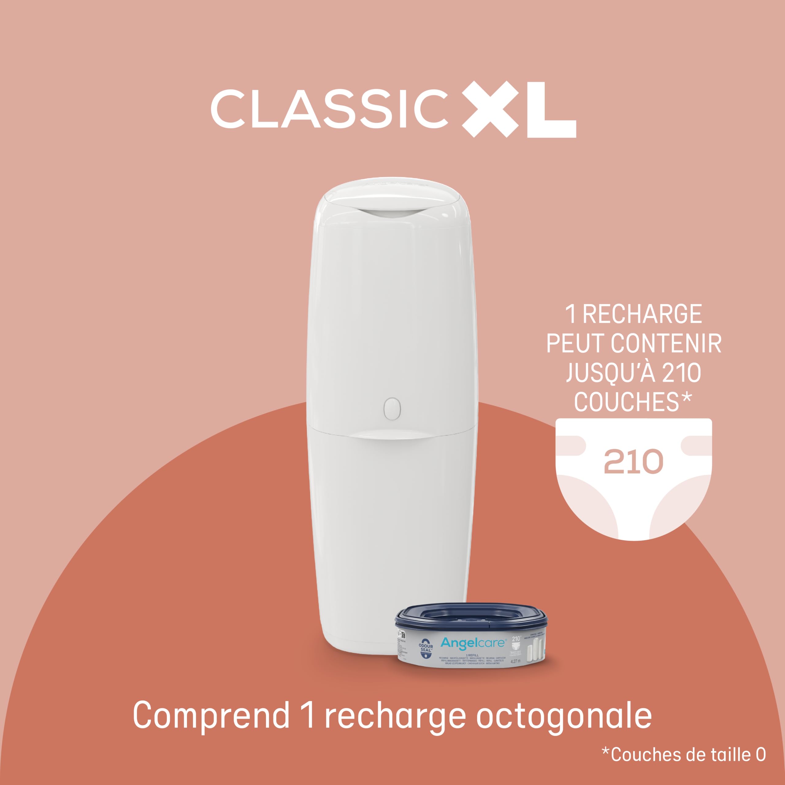 Angelcare Poubelle à Couches Classic XL avec Recharge Octogonale Anti-Odeur Haute Capacité (1 Mois - 190 Couches Taille 0)