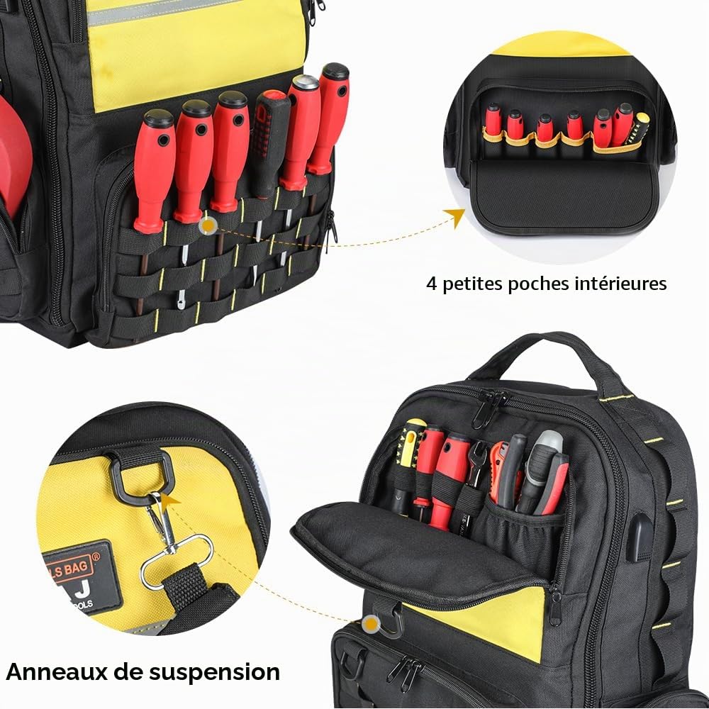 AIRAJ Sac à Dos Outils 46x40x18 cm - Sac à dos pour outils avec 23 Pochettes, Ouverture Totale pour Électriciens et Travaux de Construction (Double étui pour pièces inclus)