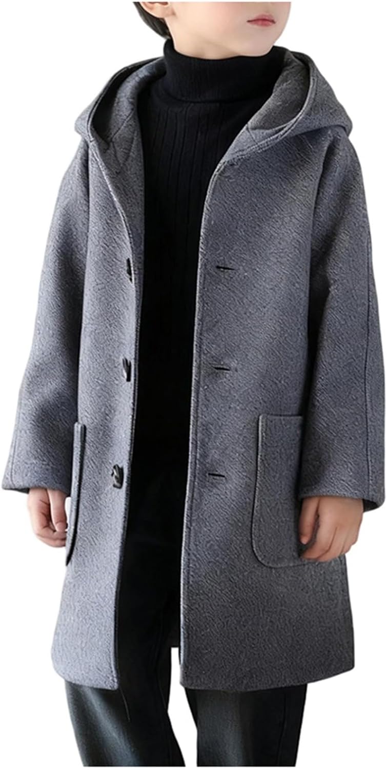 Boys Winter Hooded Trench Coat Kids Single Breasted Wool Dress Coat Warm Windbreaker Overcoat with Pockets