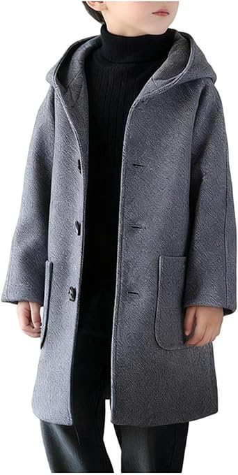 Boys Winter Hooded Trench Coat Kids Single Breasted Wool Dress Coat Warm Windbreaker Overcoat with Pockets