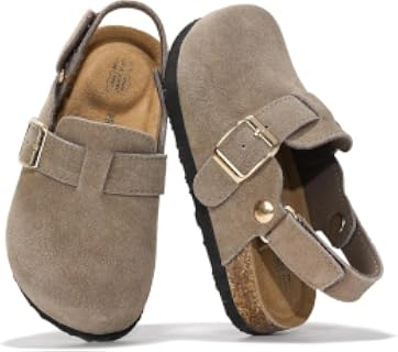 Project Cloud Zuecos de cuero 100% genuino para niños con soporte de arco de plantilla de corcho, pantuflas y sandalias antideslizantes para niños y niñas | Memory Foam Insole Arch Support Sandals for Boys & Girls Slippers Comfortable Casual Everyday Indoor Outdoor Home Footwear