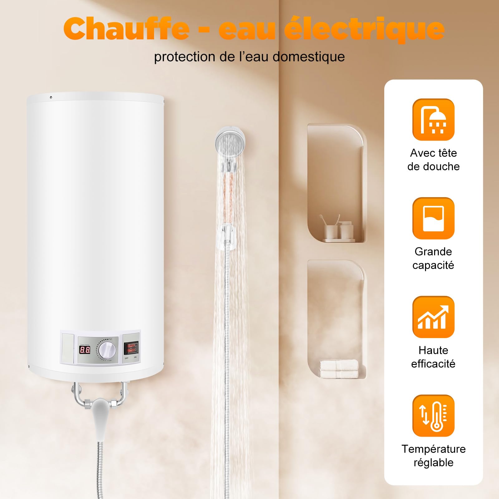 Scaldabagno elettrico, 2000 W, 50 l, 0,7 MPa, temperatura 77-167 °F, tubo doccia da 1 m, protezione da surriscaldamento, doccetta con montaggio a parete, ideale per bagno, cucina, parrucchiere