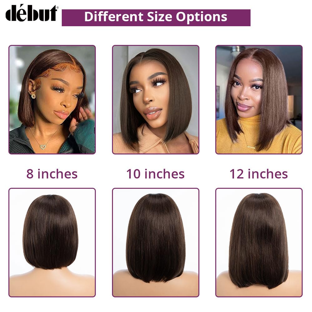 Chocolate Brown Lace Front Wigs 4x4 HD Lace Closure Wigs Human Hair Short Bob Wigs for Women Pre Plucked 13inch Lace Front Natural Hairline with Baby Hair 8 Inches