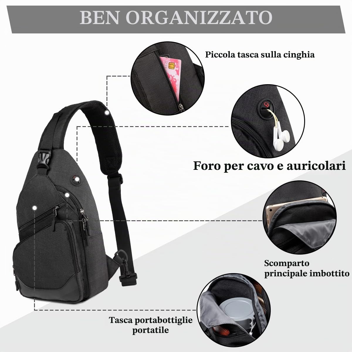 VASCHY Borsa a tracolla da uomo, borsa a tracolla multipla, per uomo e donna, impermeabile, per tutti i giorni, trekking, corsa, escursionismo