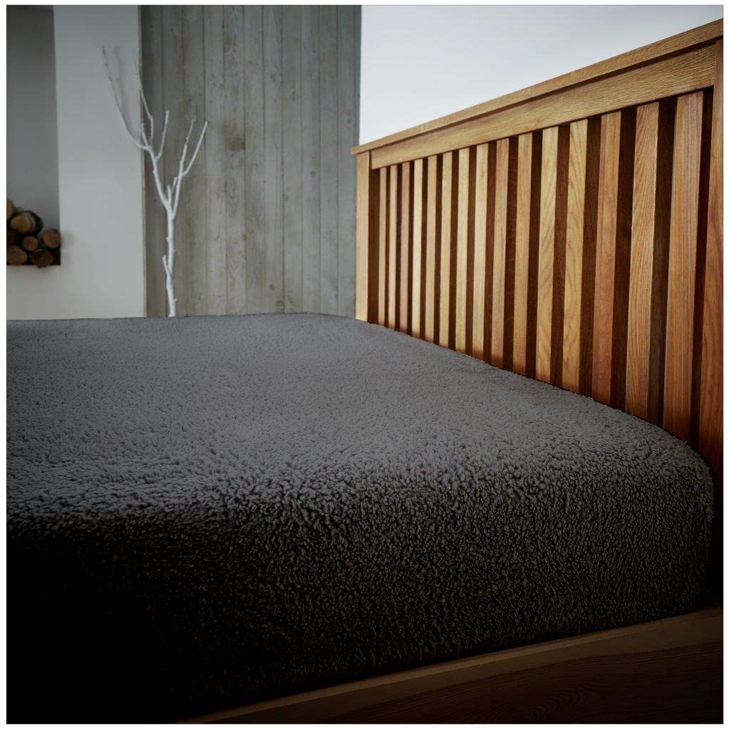 Teddy Plain Fleece Single Fitted Bed Sheet, Easycare Thermal Warm & Cosy Bear Bedding Super Soft BedSheet, Charcoal