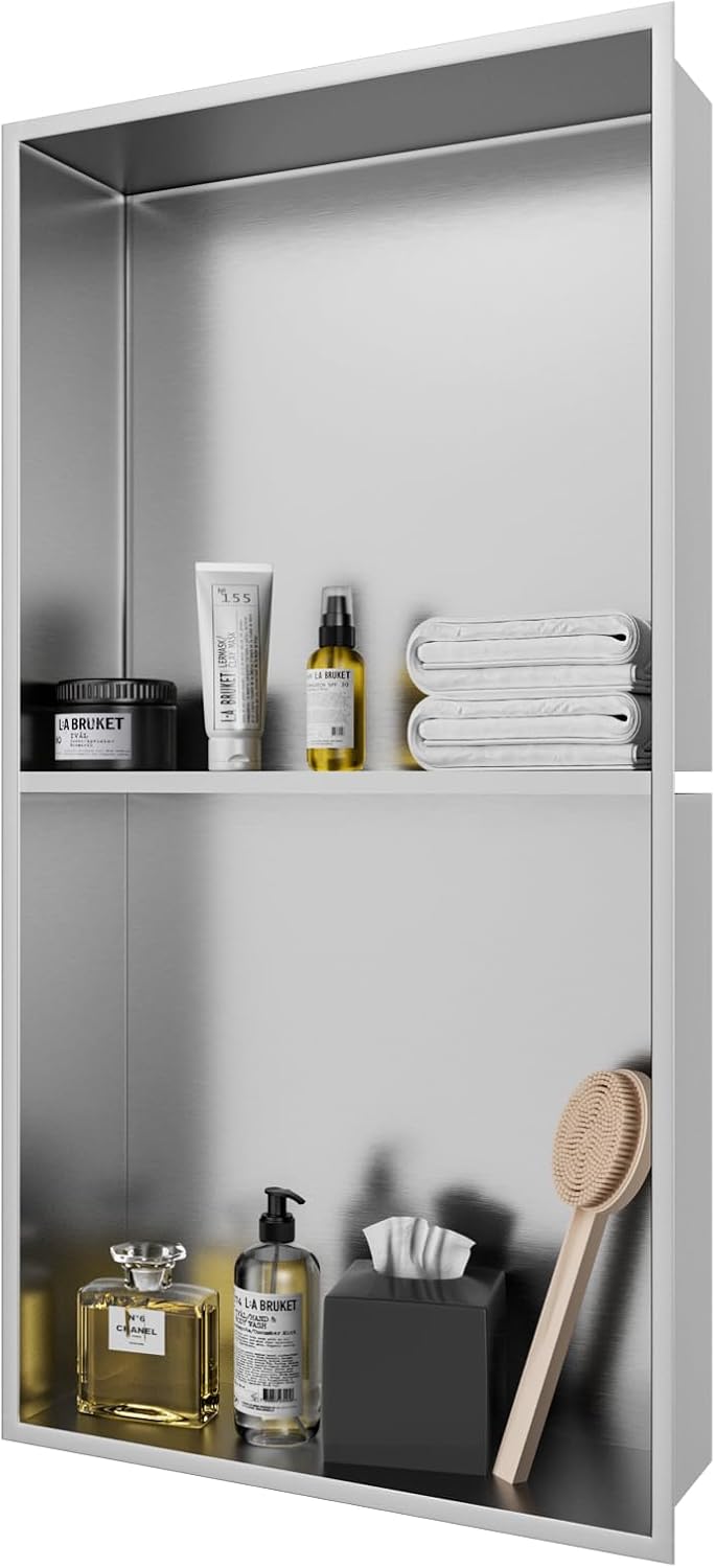 12" x 24" Shower Niche No Tile Needed, 304 Stainless Steel Shower Wall Niche, Recessed Shower Shelf for Shower or Bathroom Storage, Brushed 12"x24" Brushed