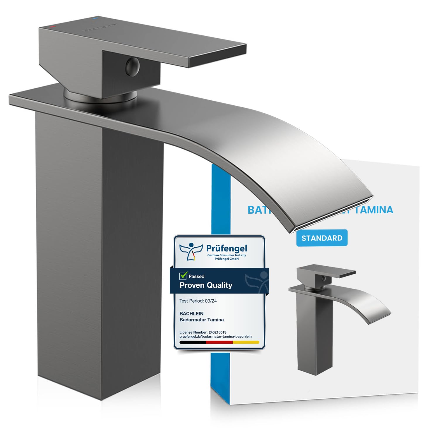 Bächlein Bathroom Tap Tamina in Waterfall Design, Single-Lever Mixer with Durable Ceramic Cartridge and Installation Set, Anthracite Bathroom Faucet