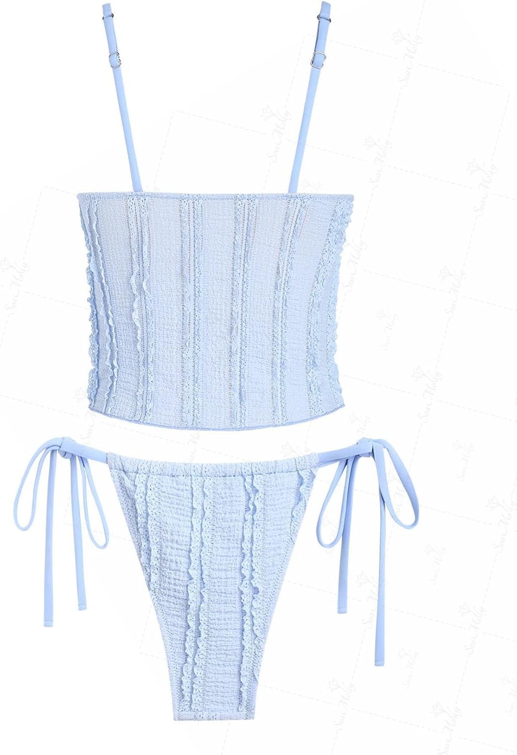 seamoly Ruffled Trim Textured Tied Side Tanga Tankini Set