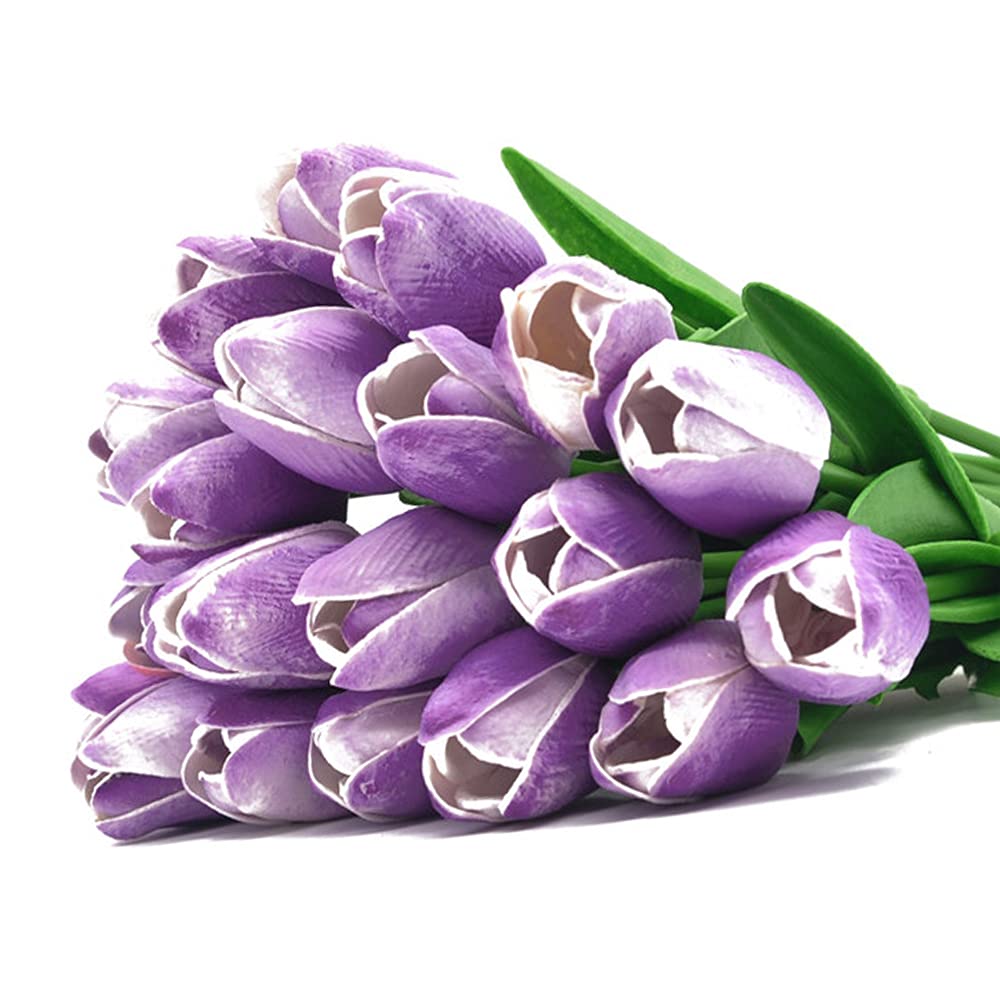 20pcs Artificial Tulips PU Touch Single Stem Fake Flower Bouquet Arrangement for Home Party Wedding Decoration (Purple)