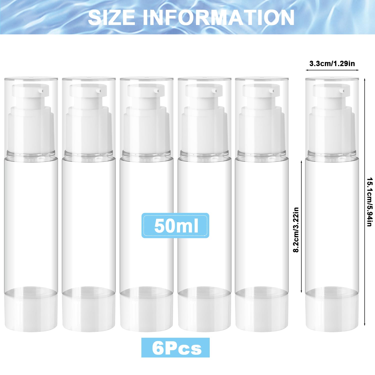Airless dozownik z pompką, 6 sztuk, 50 ml, puste butelki na krem, do wielokrotnego napełniania, próżniowe butelki podróżne do napełniania, do podróży, balsamów, szamponów, kosmetyków