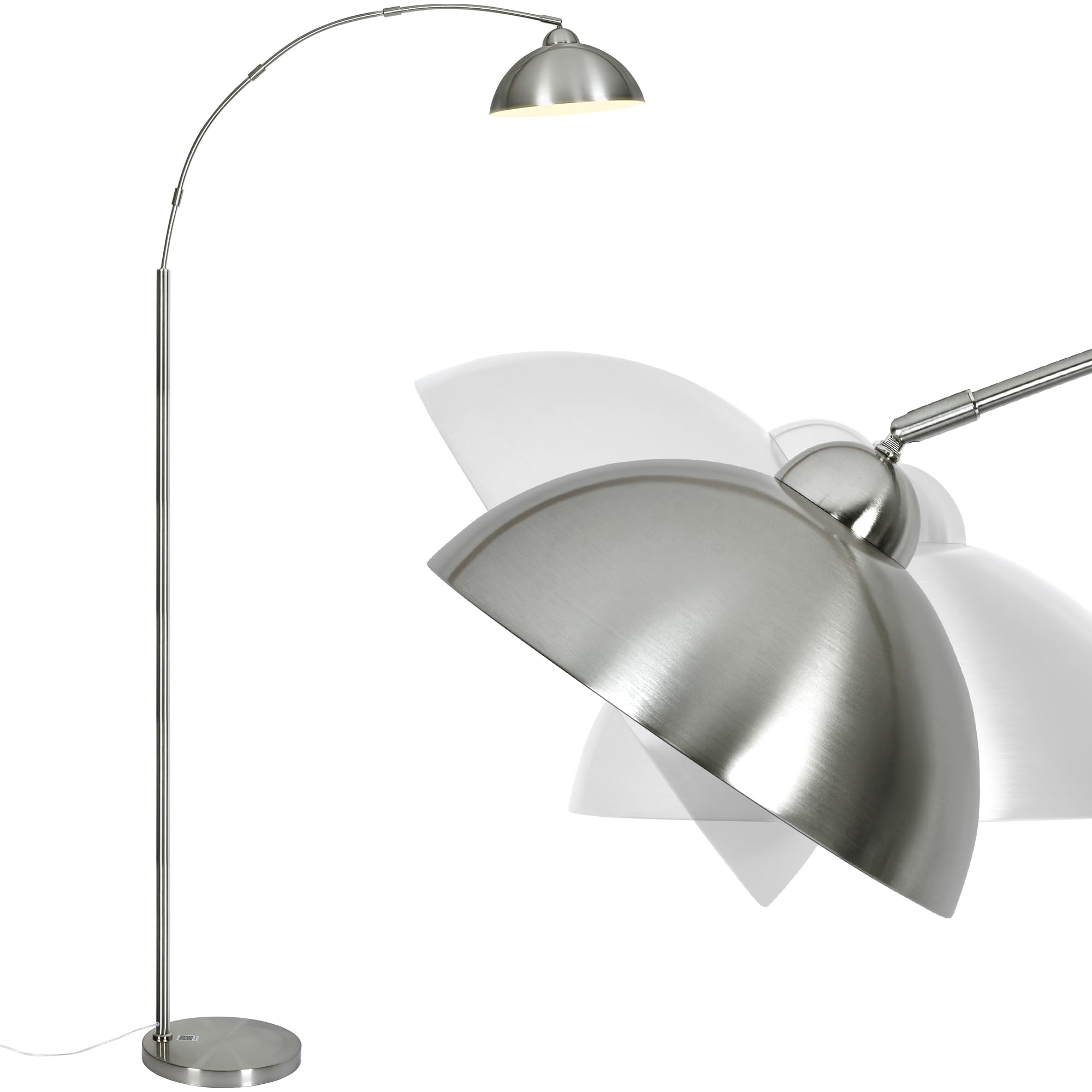 Arc Floor Lamp for Living Room, 204cm Tall Lamp with Adjustable Lamp Head, Brushed Aluminium Shade, 9W 3 Colour Temperature Bulb, Foot Switch & 5KG Heavy Base, Corner Standing Lamp for Living Room