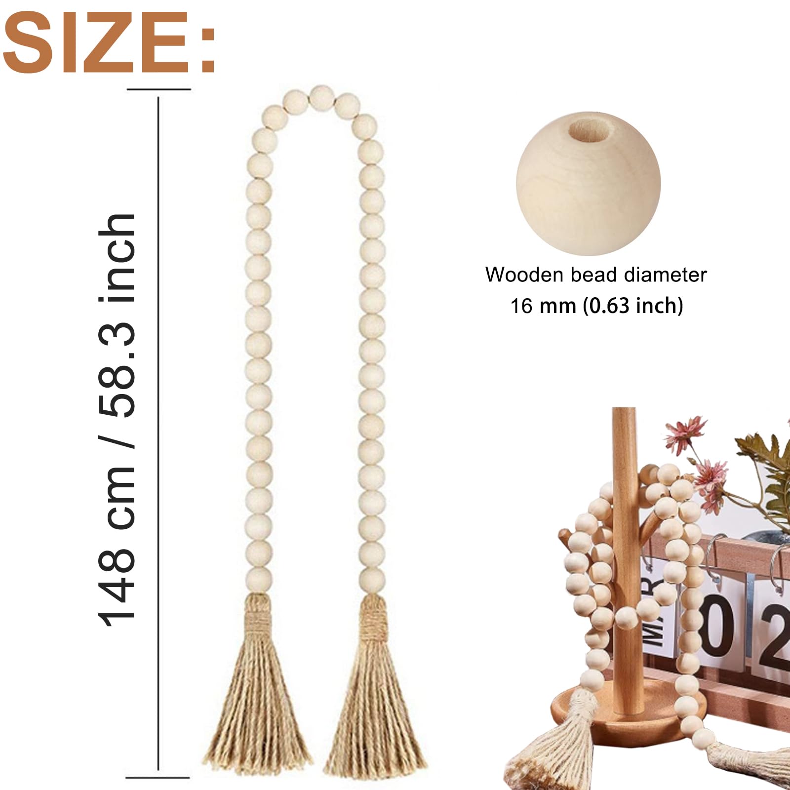Holzperlen Girlande 148cm 16mm, 84 Holzperlen mit Quasten Deko | Holzperlenkette Naturholz, Perfekt für Wohnzimmer, Schlafzimmer, Weihnachtsbaum, Kamin oder Hochzeitsdeko