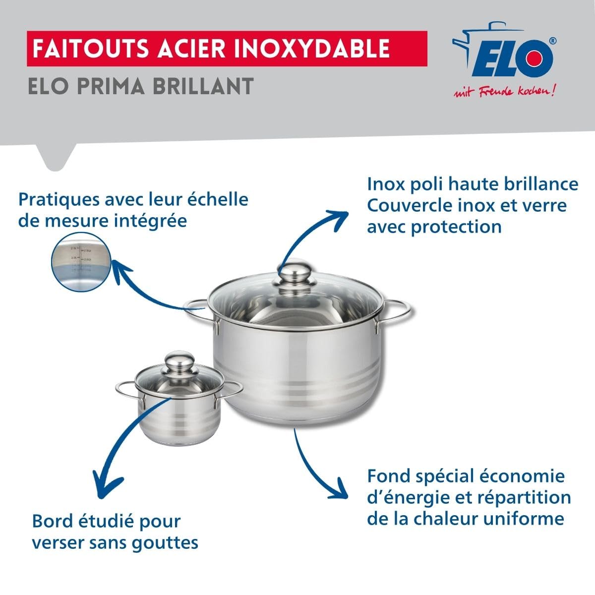 Elo Batterie cuisine 2 poêles 24/32 cm et 2 faitouts 12/24 cm | Ensemble complet pour équiper la cuisine, 4 pièces en inox, 2 poêles 24 et 32 cm, 2 faitouts 12 et 24 cm, Induction
