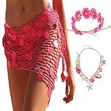 マーメイド レディース かぎ針編み カバーアップ ビーチ ショール ケープレット サロン ラップ シェルネックレス チョーカー ヒトデ ヘアクリップ付き(LK10), ローズレッド, One Size