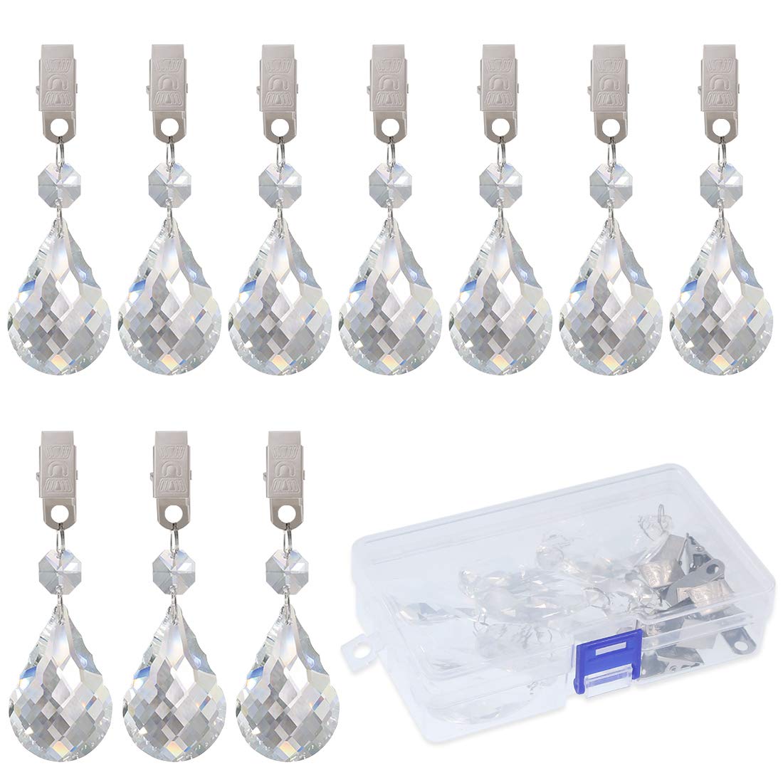 Swpeet Clear 10Pcs Cucurbit Tablecloth Weights With 10Pcs Metal Clip Kit, Crystal Glass Teardrop Prisms Pendant Tablecloth Weights For Picnic Tables, Outdoor